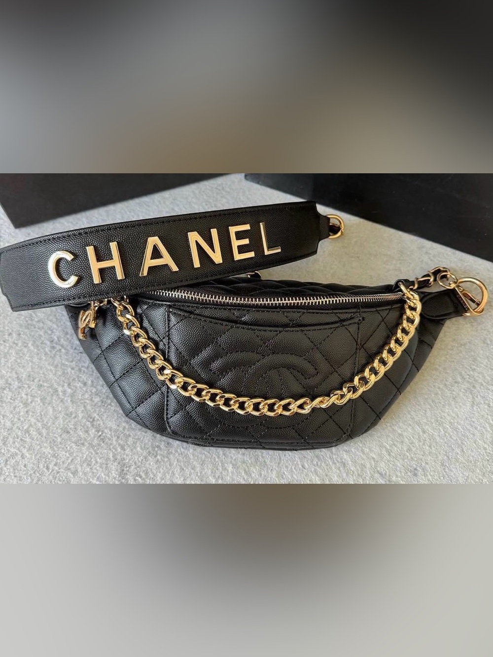 GWP CC Black Quilted Leather Chain-Detail Belt Bumbag Bag with CC Charm